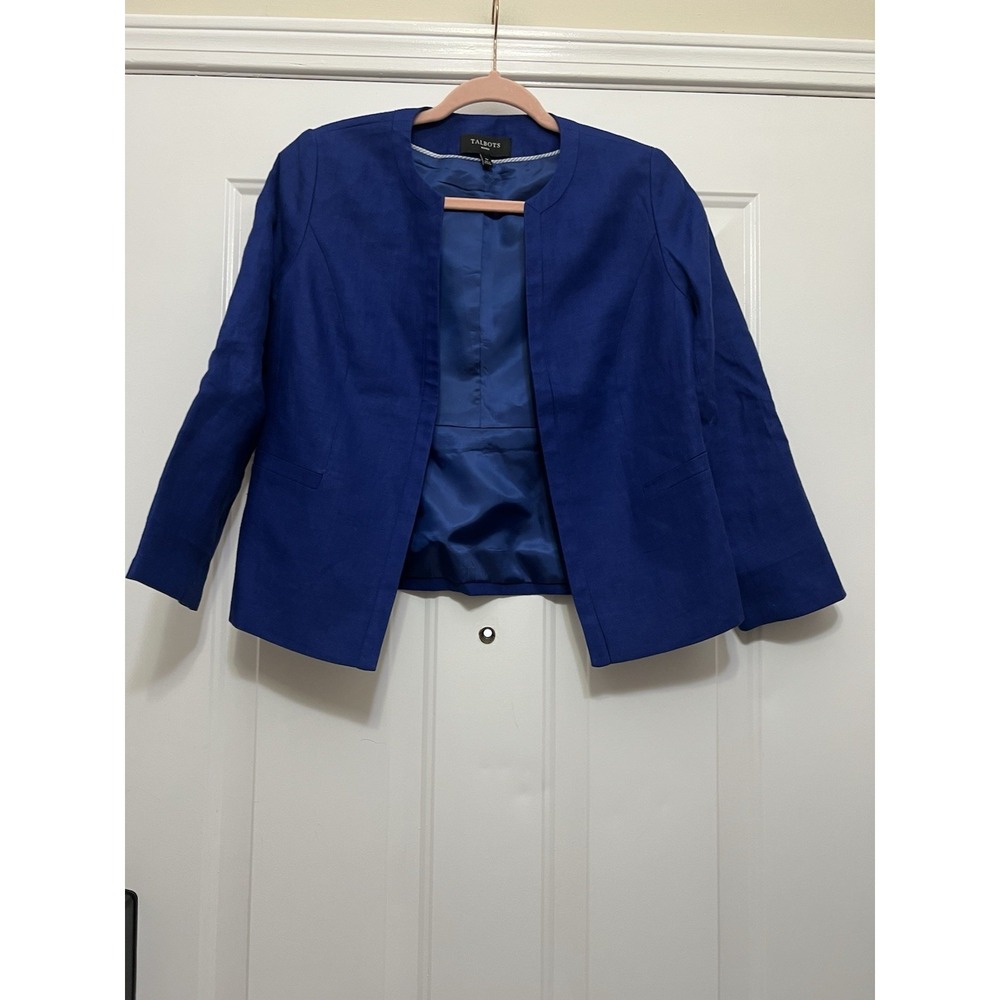 Talbots Petites Linen Royal Blue Blazer Jacket Sz 4 Career Coastal Resort Preppy